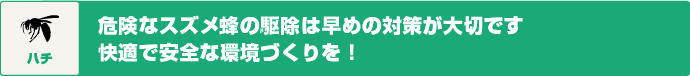 ハチ　危険なスズメ蜂の駆除は早めの対策が大切です　快適で安全な環境づくりを！